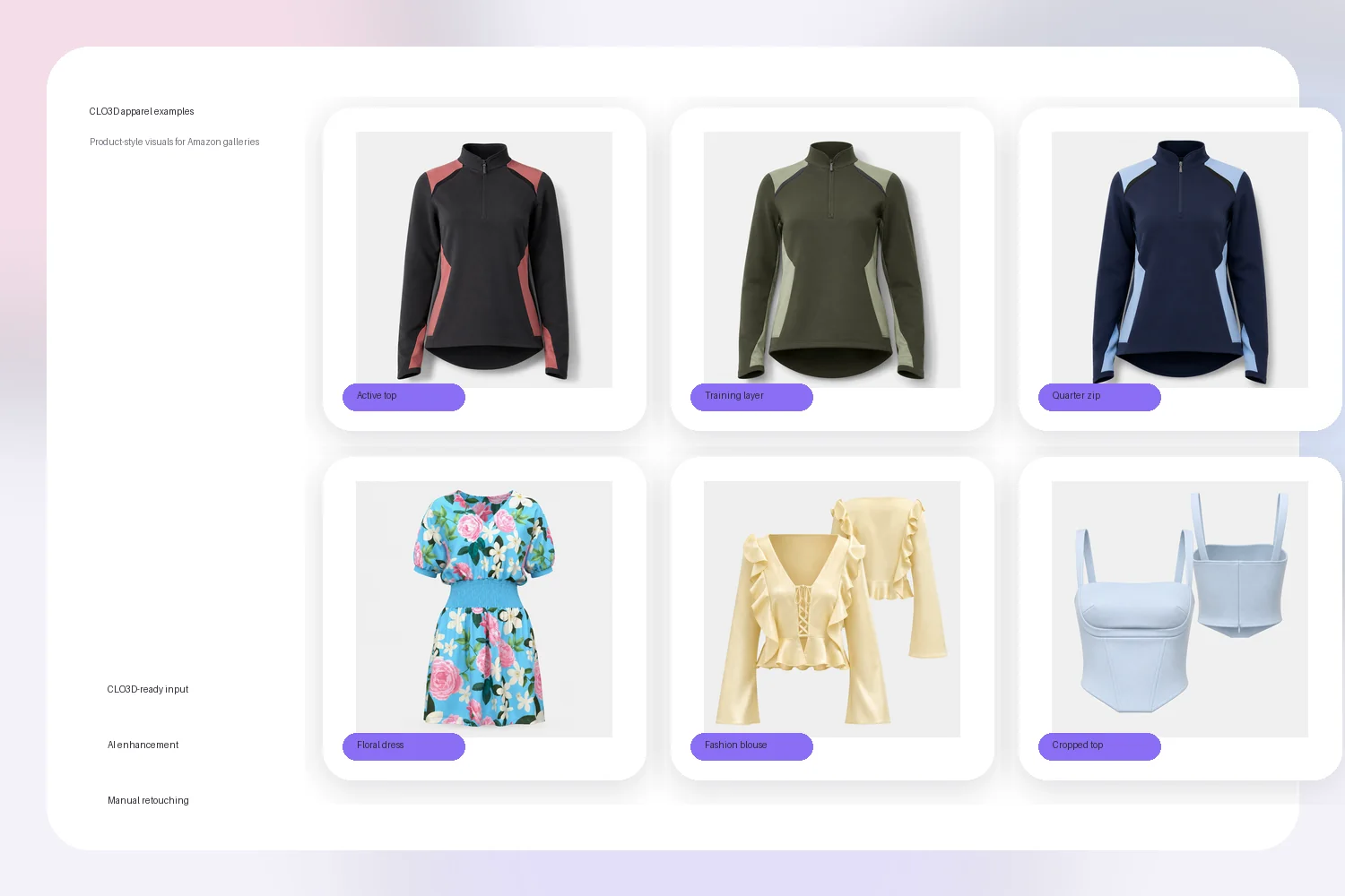 Ladies apparel render examples for Amazon product listing images created from CLO3D AI enhancement and manual retouching workflow