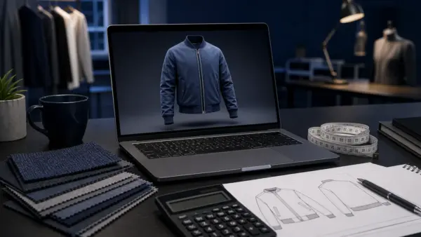 CLO3D apparel design cost guide with 3D garment model and pricing planning desk