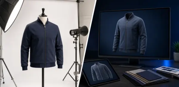 Comparison of 3D apparel mockup workflow and traditional apparel photoshoot