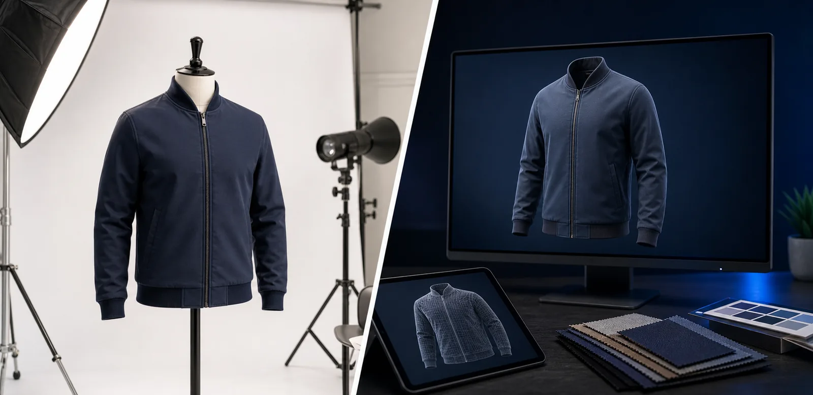 Comparison of 3D apparel mockup workflow and traditional apparel photoshoot