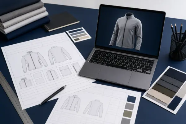 Apparel tech pack and 3D render brief workspace with garment sketches and fabric swatches
