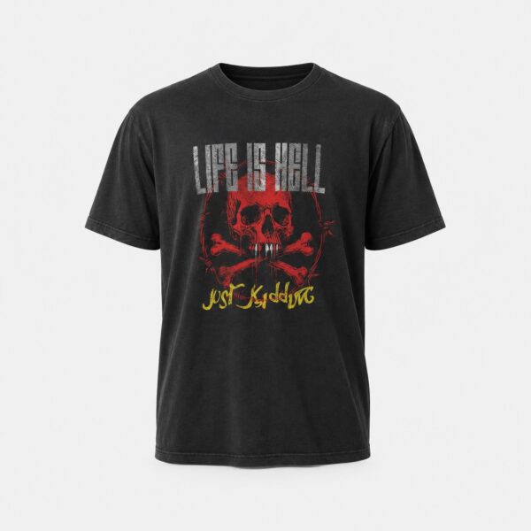 Life is hell skull graphic print oversized t-shirt in black - 3d apparel model by binarycloth