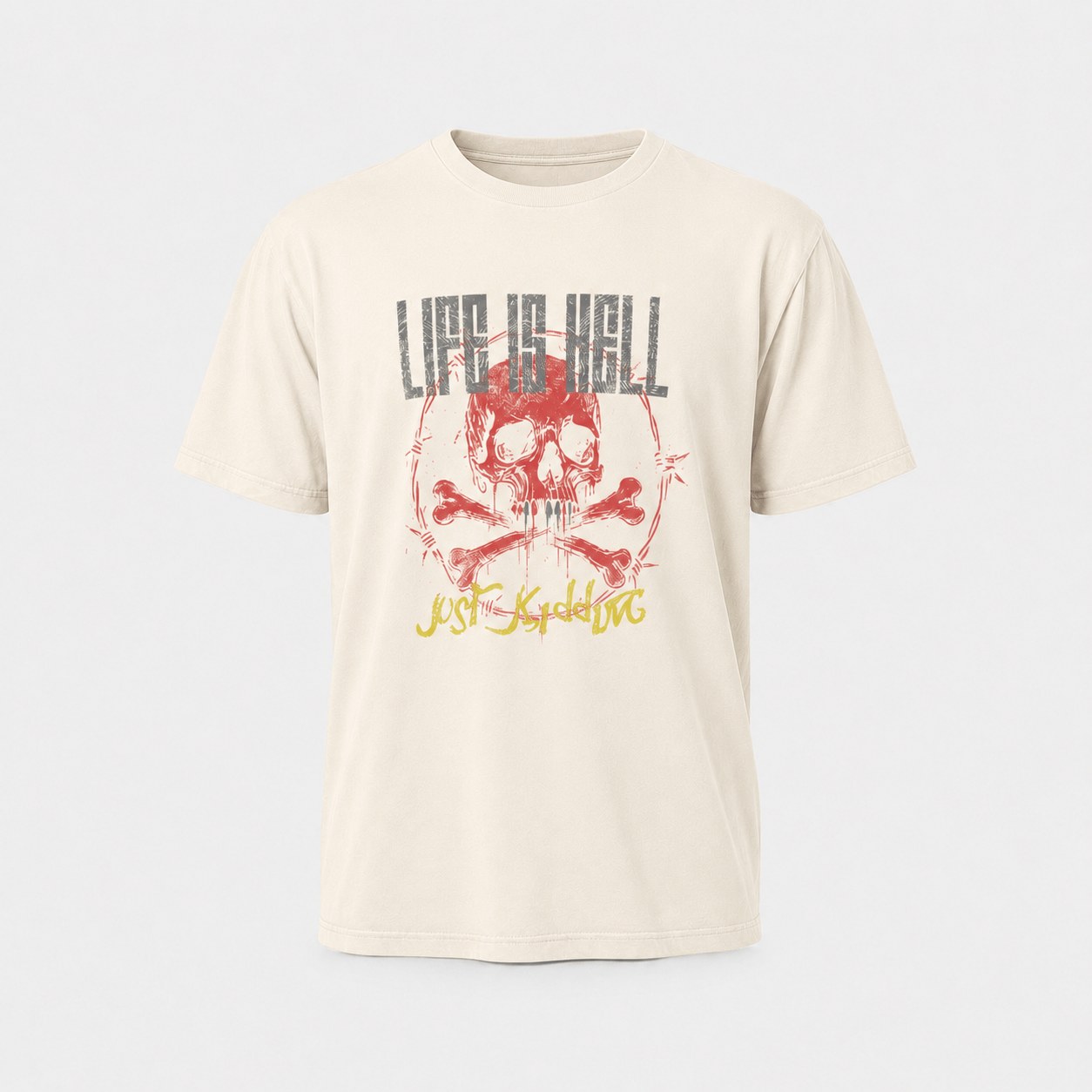 Life Is Hell skull graphic print oversized t-shirt in Butter Cream - 3D apparel model by Binarycloth