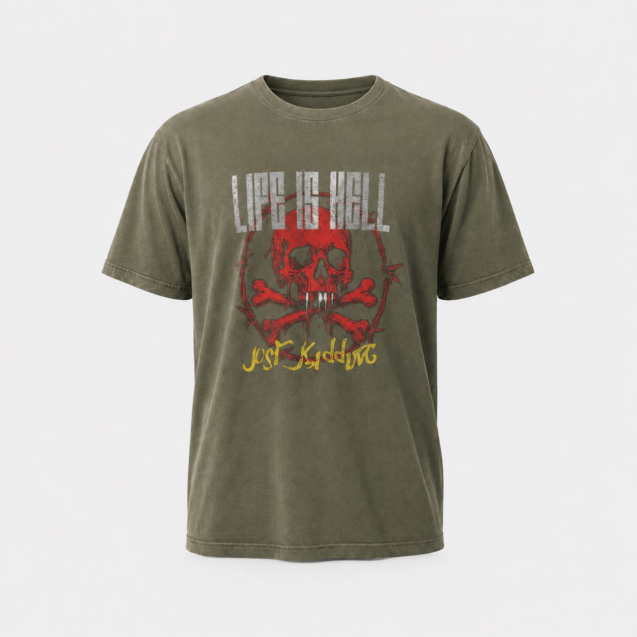 Life Is Hell skull graphic print oversized t-shirt in Olive - 3D apparel model by Binarycloth