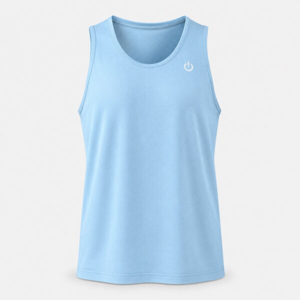 Men's athletic performance tank top with small chest logo in blue - 3d apparel model by binarycloth