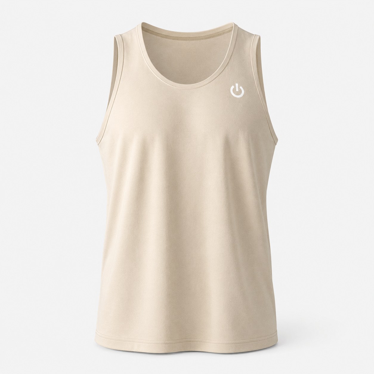 Men's athletic performance tank top with small chest logo in Oat Beige - 3D apparel model by Binarycloth