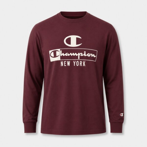 Champion new york chest logo graphic long-sleeve tee in burgundy - 3d apparel model by binarycloth