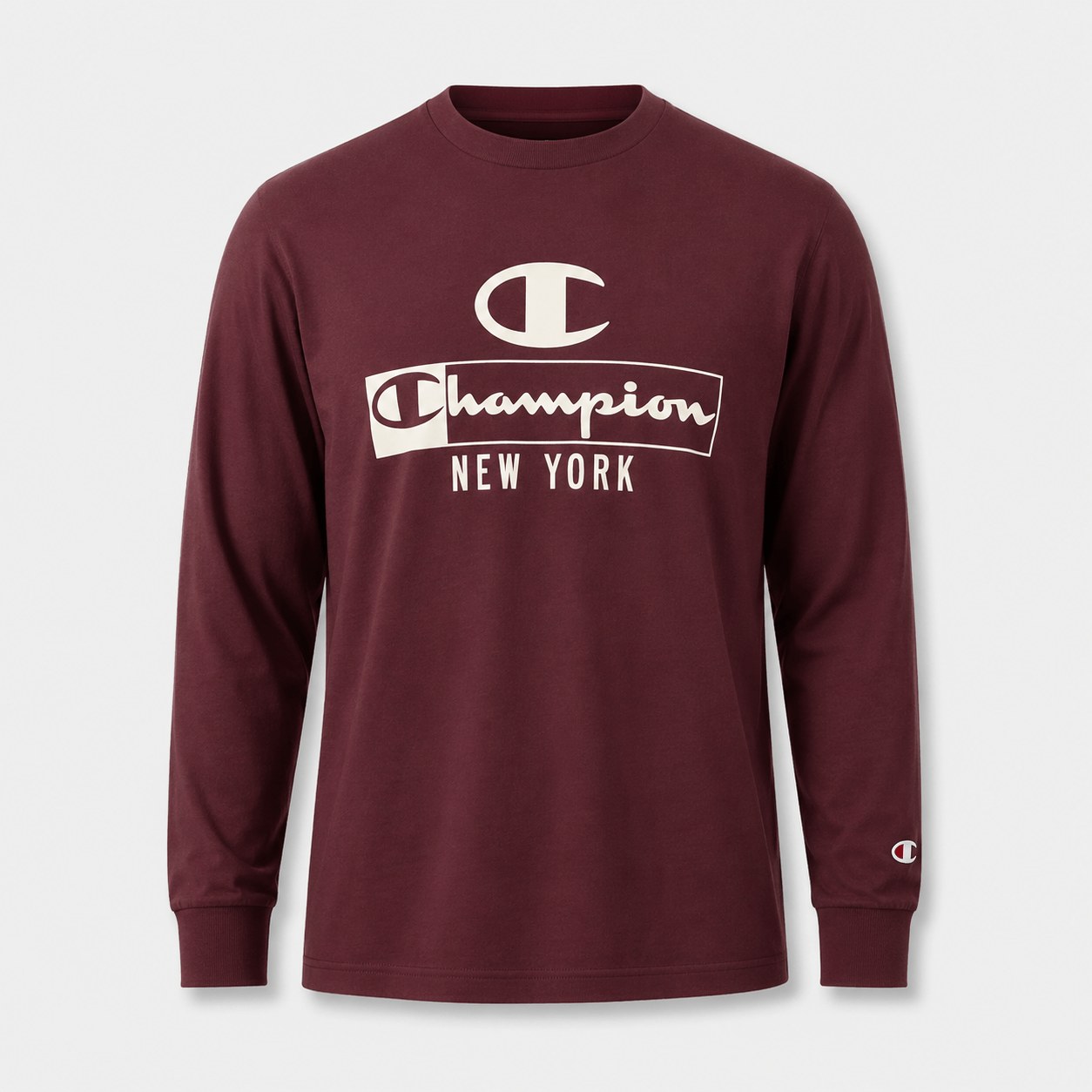 Champion New York chest logo graphic long-sleeve tee in Burgundy - 3D apparel model by Binarycloth