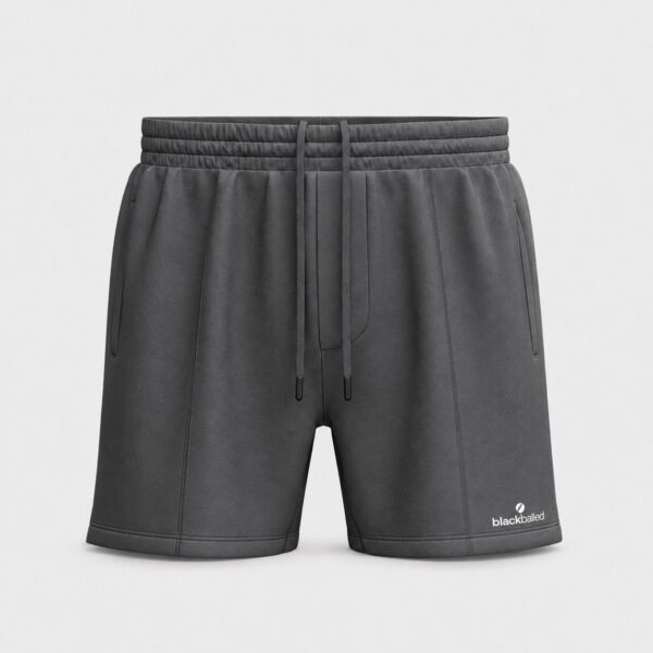 Elastic drawstring waist athleisure shorts with side pockets in charcoal slate - 3d apparel model by binarycloth