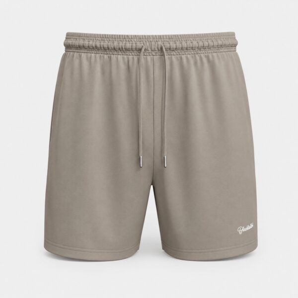 Drawstring athleisure shorts with small logo wordmark in beige - 3d apparel model by binarycloth
