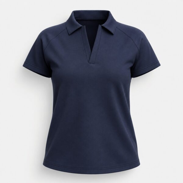 Women's open-collar raglan sleeve polo shirt in midnight navy - 3d apparel model by binarycloth