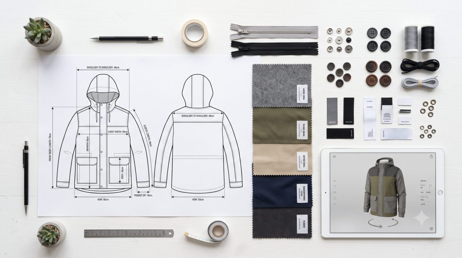 Ai-based tech pack ready for manufacturing with technical flats, specs and fabric swatches