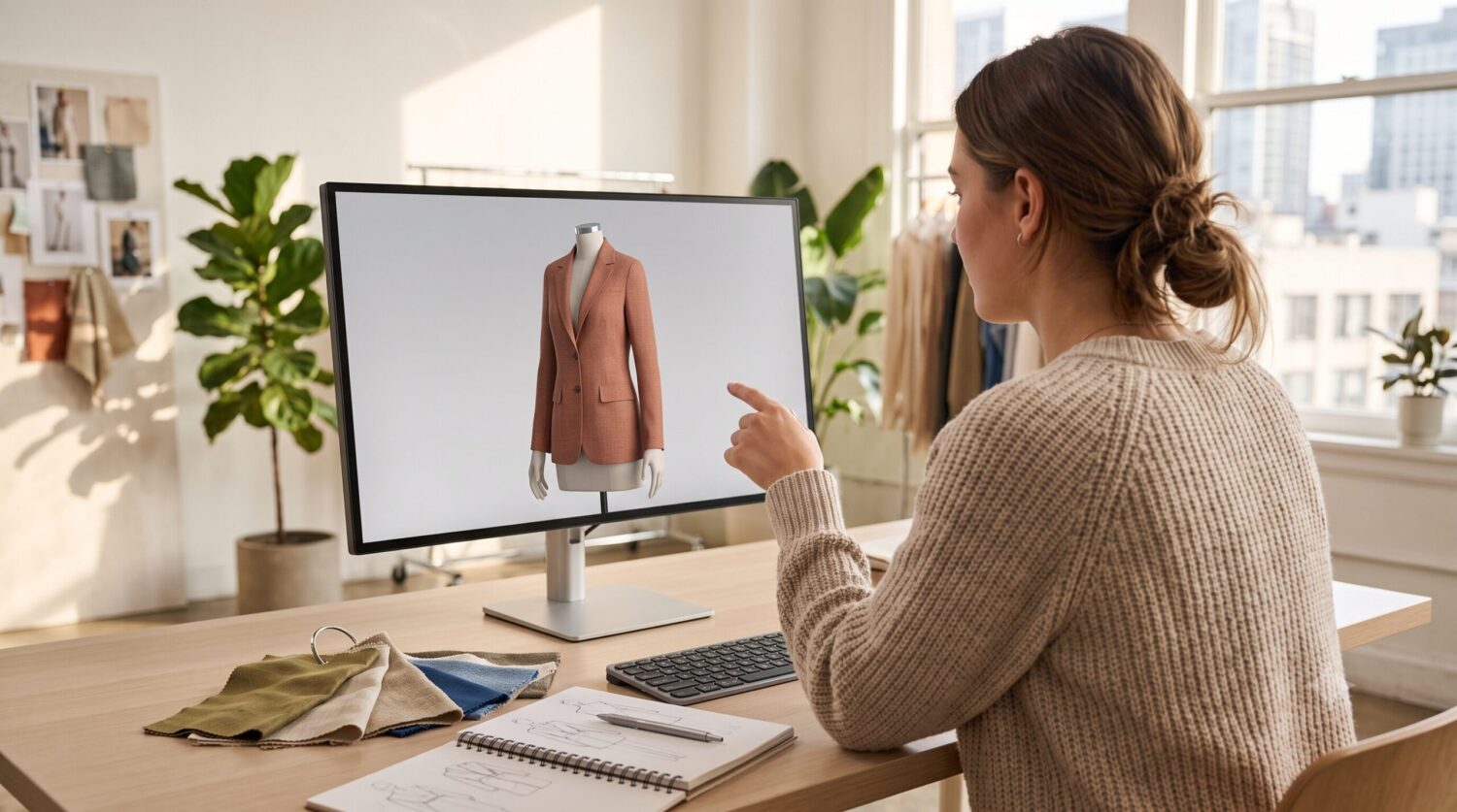 Fashion brand founder reviewing photorealistic 3d garment renders