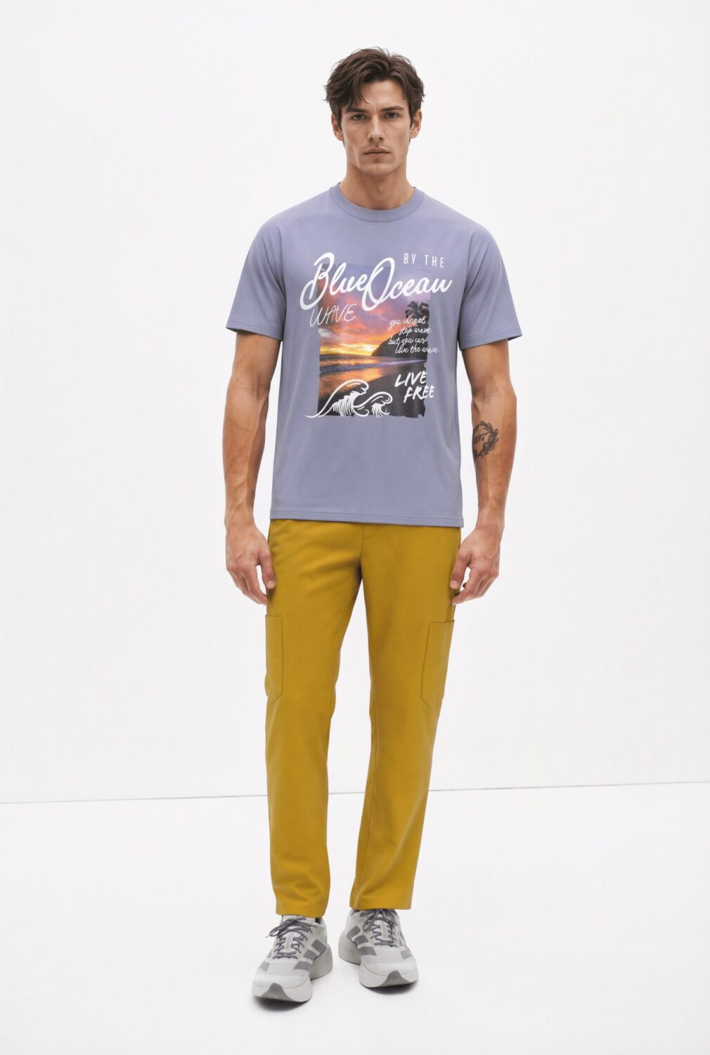 BC10105 front view — men's blue ocean graphic t-shirt in slate blue