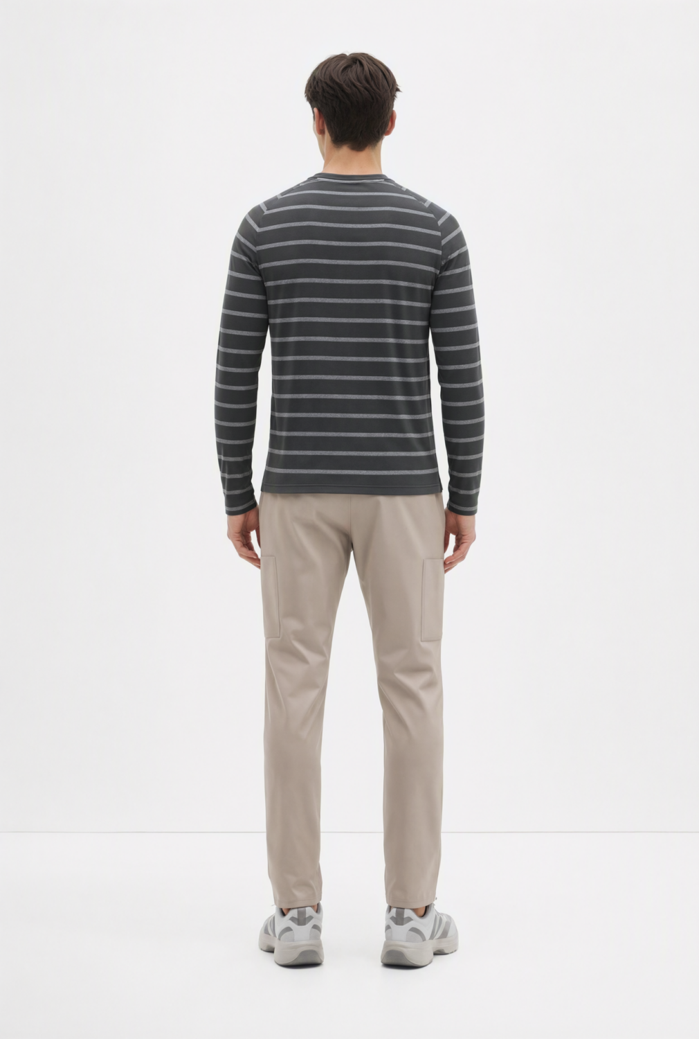 BC10110 back view — men's long-sleeve t-shirt in charcoal / light gray