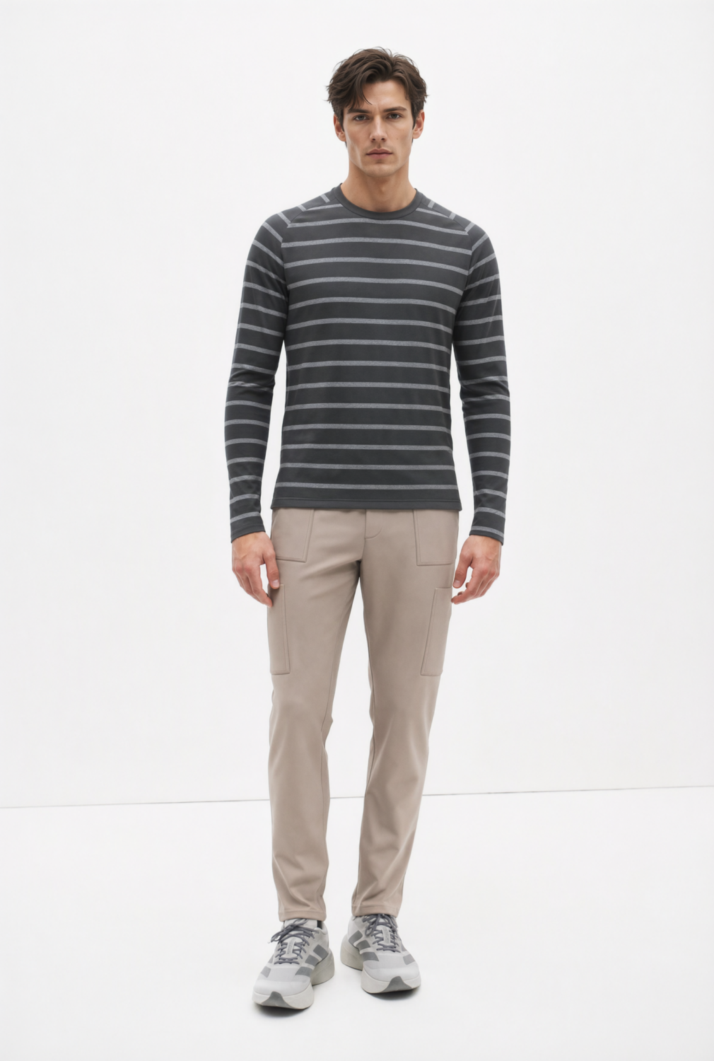 BC10110 front view — men's charcoal stripe long-sleeve t-shirt in charcoal / light gray