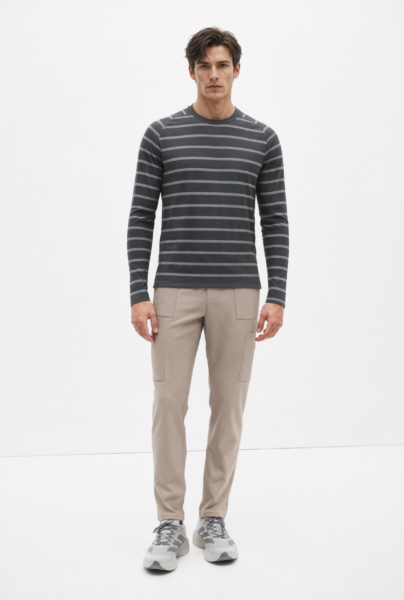 BC10110 front view — men's charcoal stripe long-sleeve t-shirt in charcoal / light gray