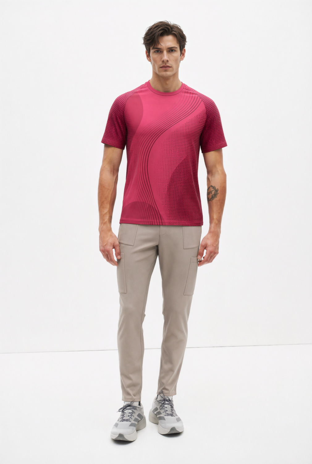 BC10114 front view — men's magenta wave-print t-shirt in magenta