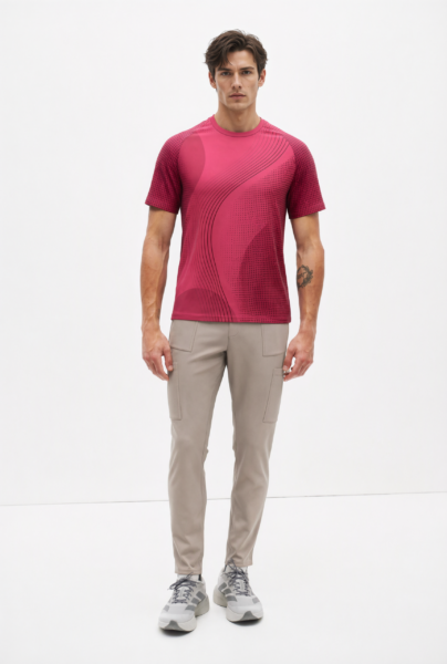 BC10114 front view — men's magenta wave-print t-shirt in magenta