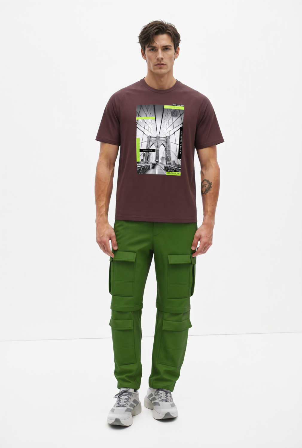 BC10116 front view — men's city photo graphic t-shirt in burgundy