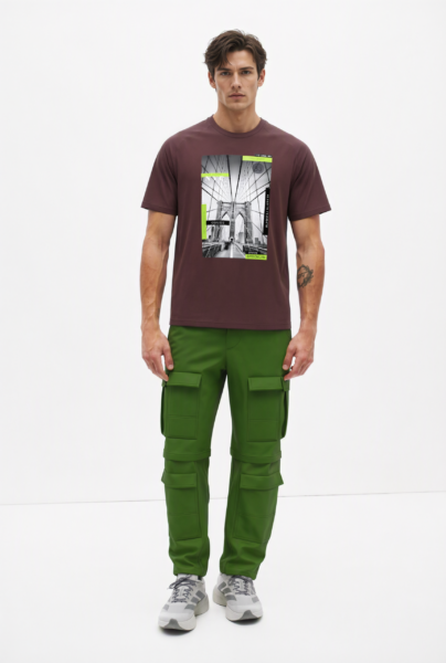 BC10116 front view — men's city photo graphic t-shirt in burgundy