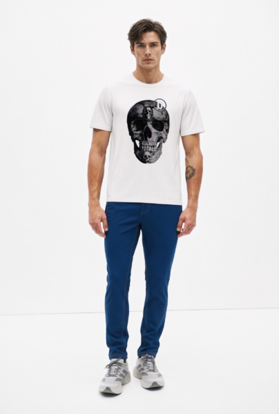 BC10118 front view — men's white skull graphic t-shirt in white