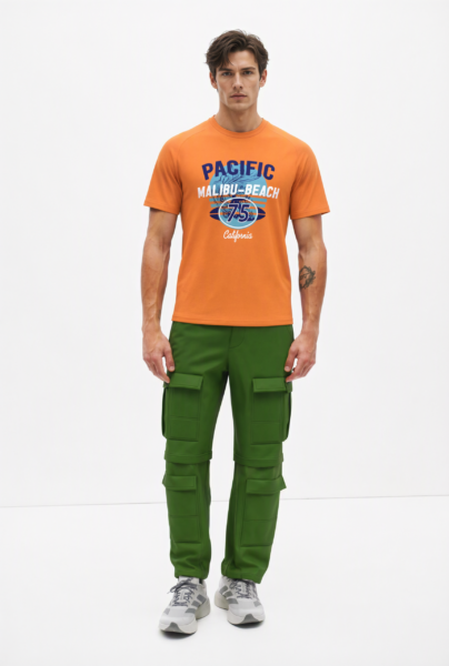 BC10121 front view — men's pacific malibu graphic t-shirt in orange