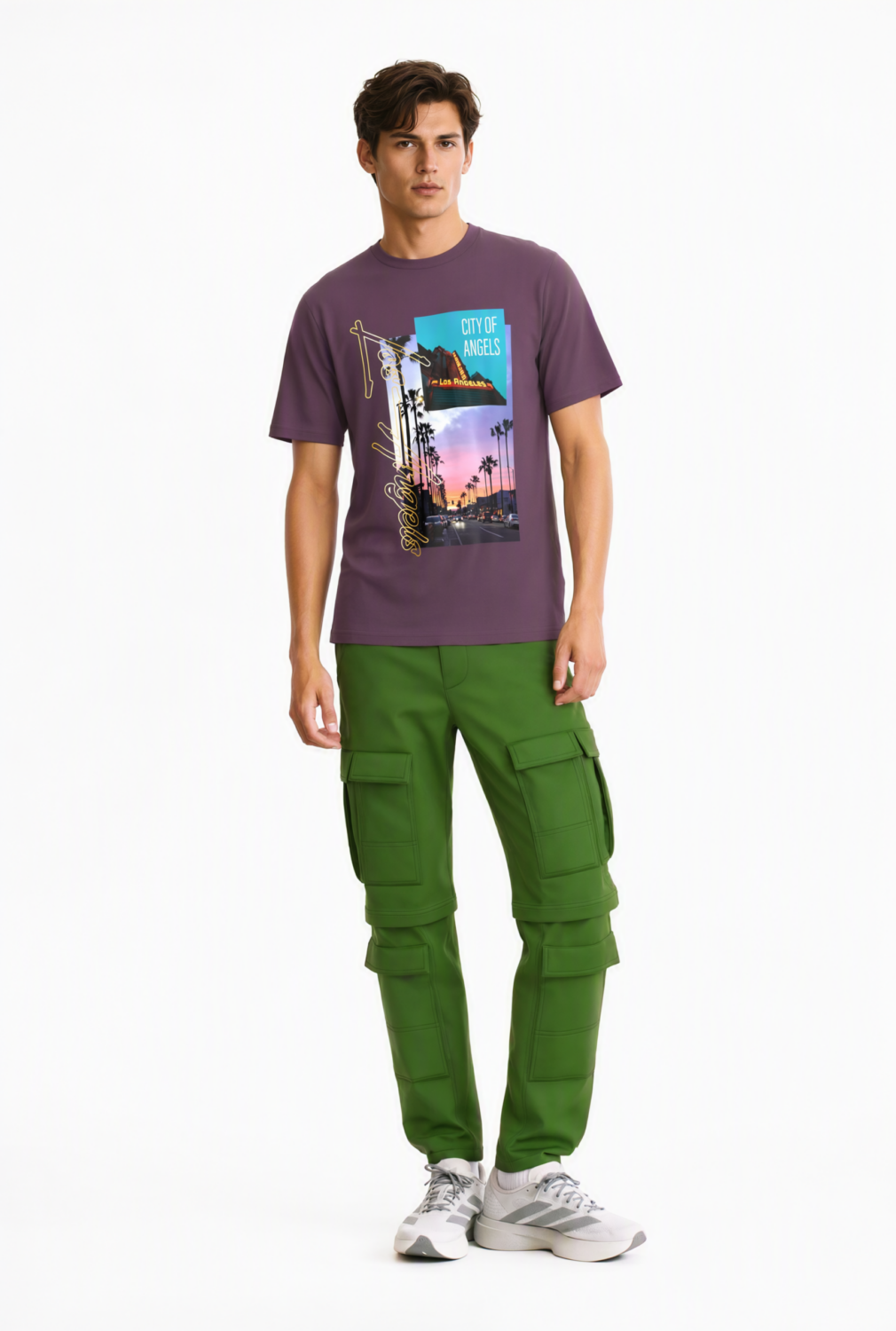 BC10128 front view — men's tropical photo graphic t-shirt in plum