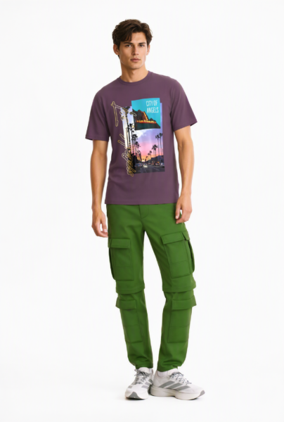 BC10128 front view — men's tropical photo graphic t-shirt in plum
