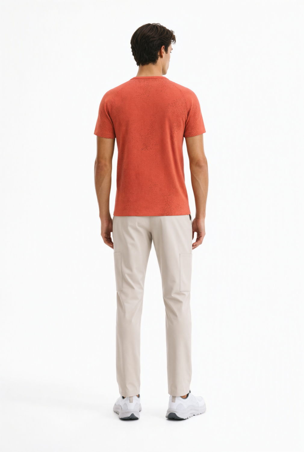 BC10129 back view — men's t-shirt in coral red