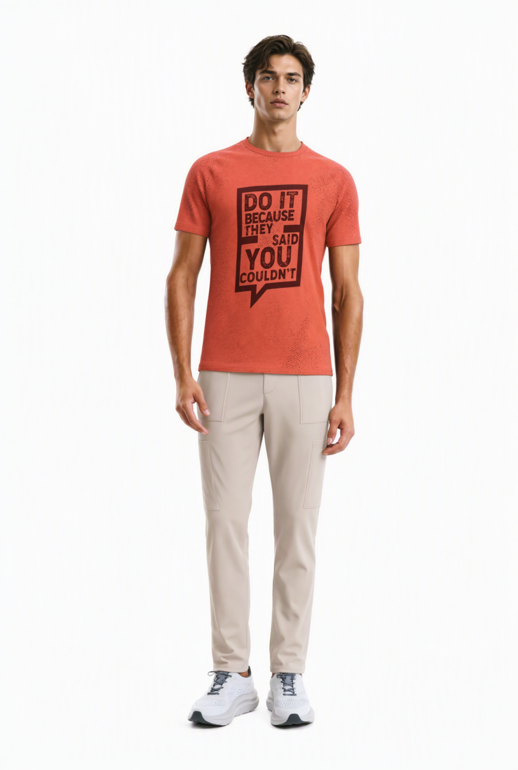 BC10129 front view — men's motivational graphic t-shirt in coral red