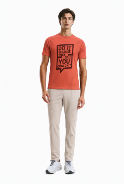 BC10129 front view — men's motivational graphic t-shirt in coral red