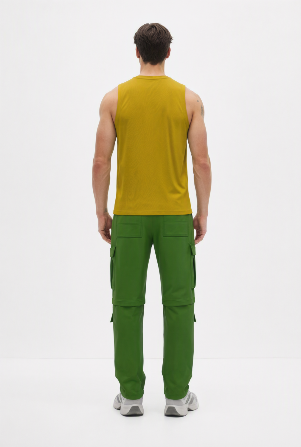 BC10592 back view — men's sleeveless top in mustard yellow