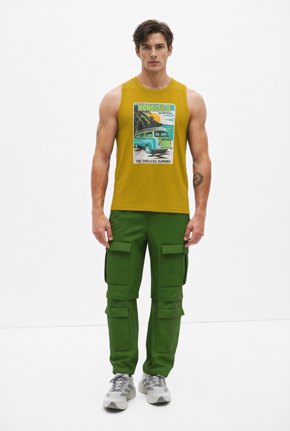BC10592 front view — men's honolulu graphic sleeveless top in mustard yellow