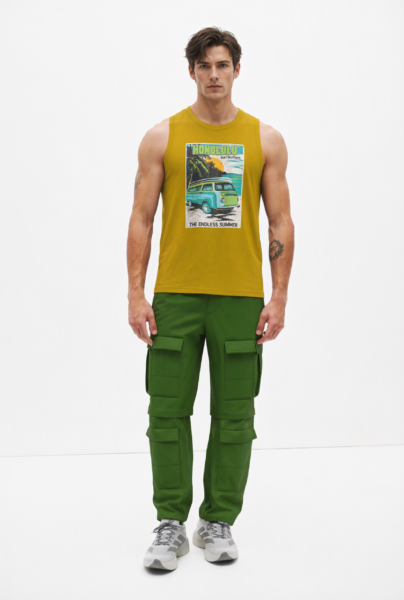 Bc10592 front view — men's honolulu graphic sleeveless top in mustard yellow