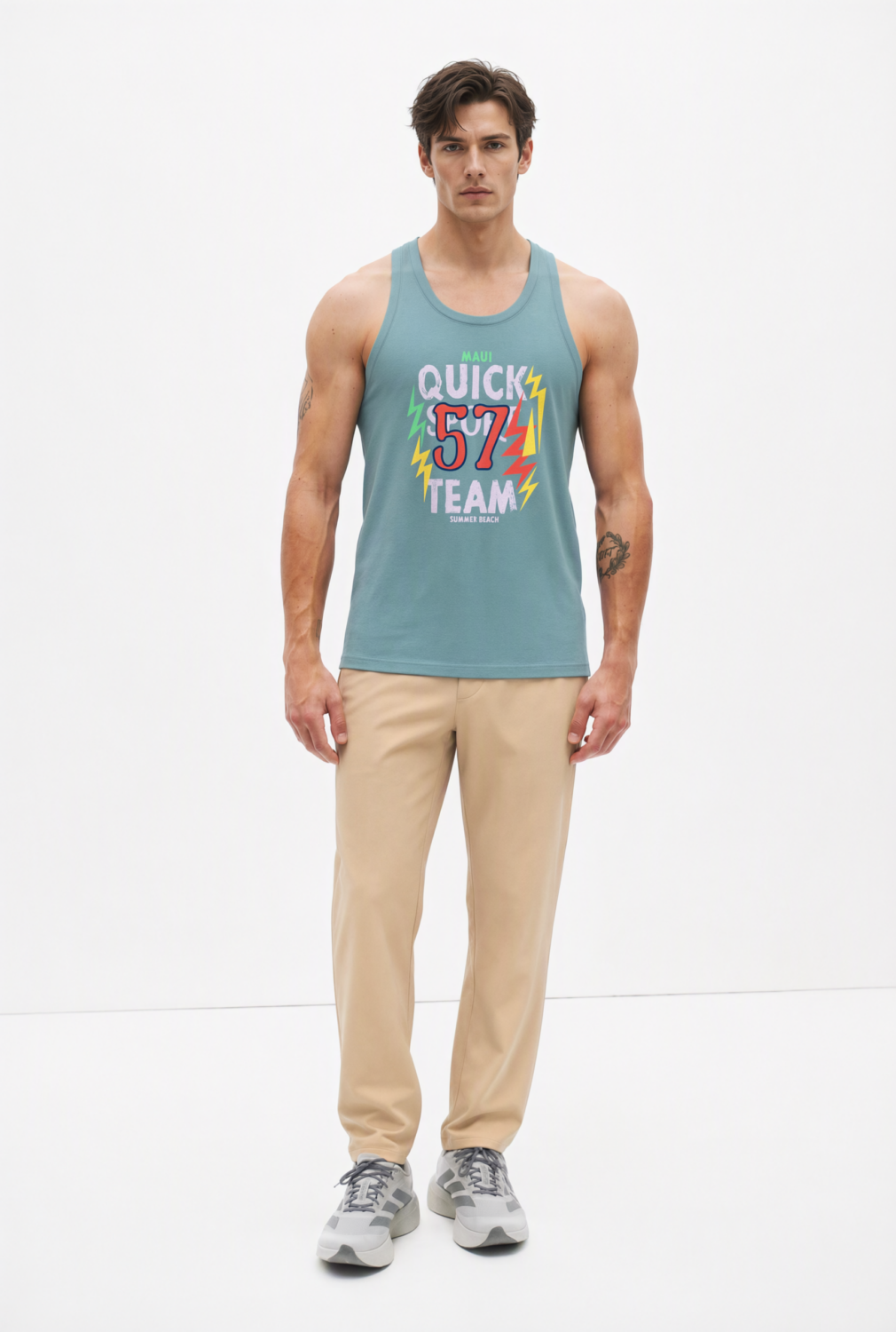 BC10605 front view — men's team 87 racerback tank in dusty teal