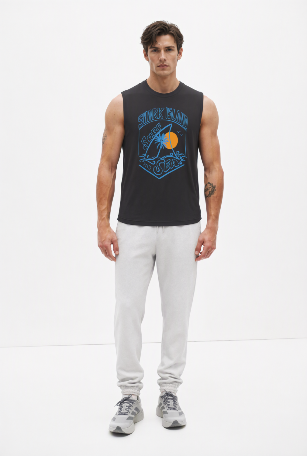 BC10644 front view — men's basketball graphic sleeveless top in charcoal black