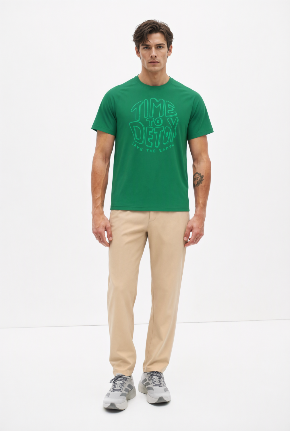 BC10721 front view — men's time to detox graphic t-shirt in green