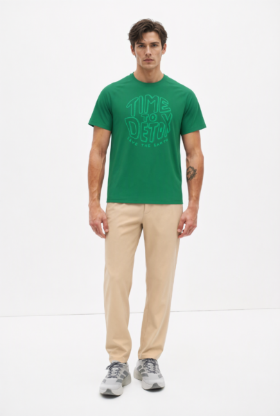 BC10721 front view — men's time to detox graphic t-shirt in green