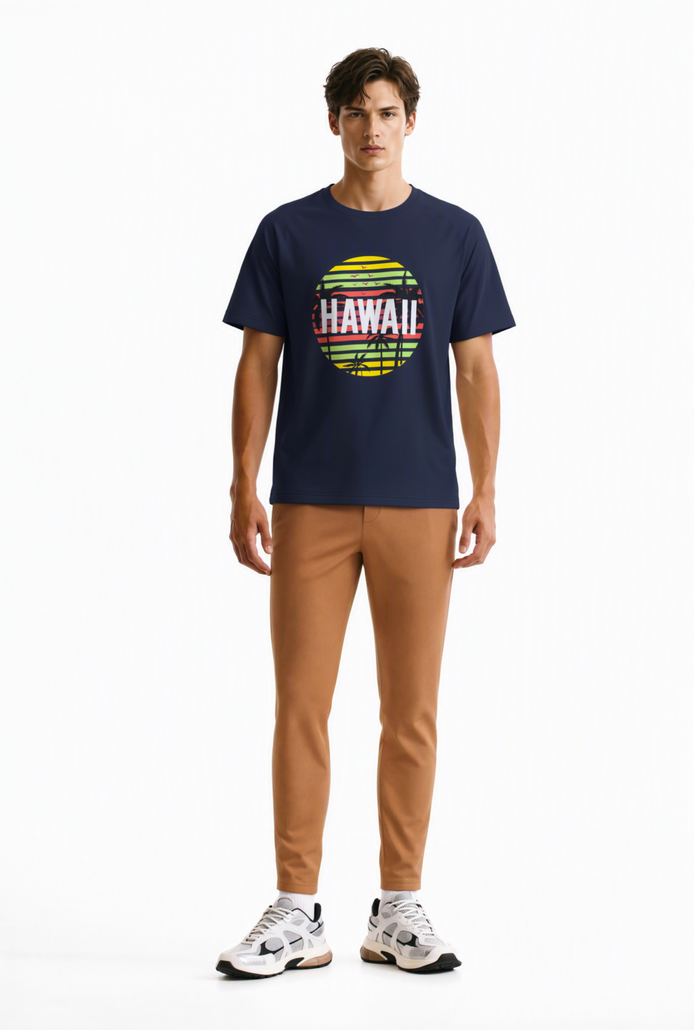 BC10737 front view — men's hawaii sunset graphic t-shirt in navy
