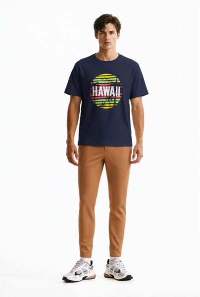 Bc10737 front view — men's hawaii sunset graphic t-shirt in navy