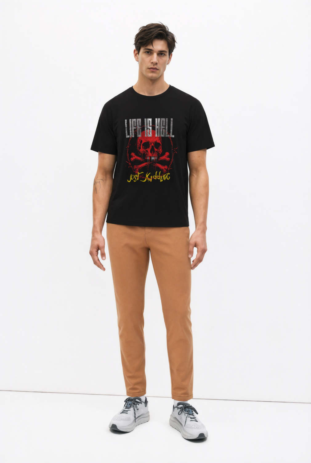 BC10830 front view — men's skull typography graphic t-shirt in black