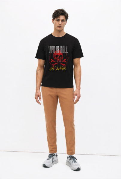 BC10830 front view — men's skull typography graphic t-shirt in black