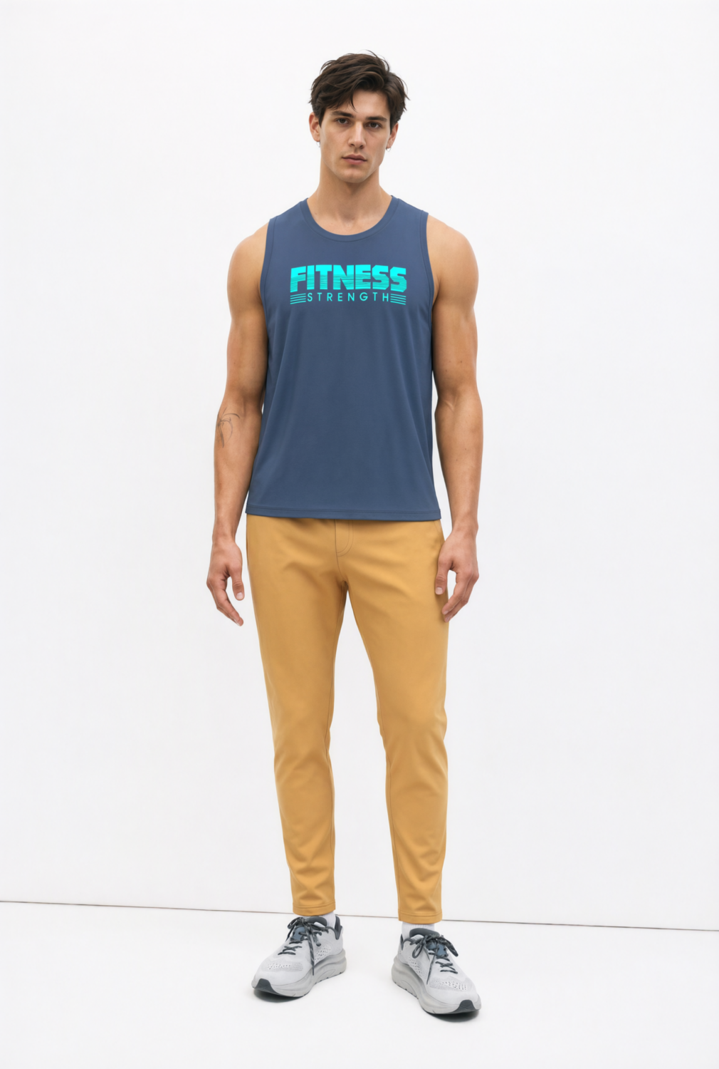 BC10938 front view — men's fitness graphic sleeveless top in slate blue