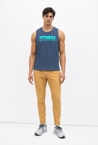 Bc10938 front view — men's fitness graphic sleeveless top in slate blue