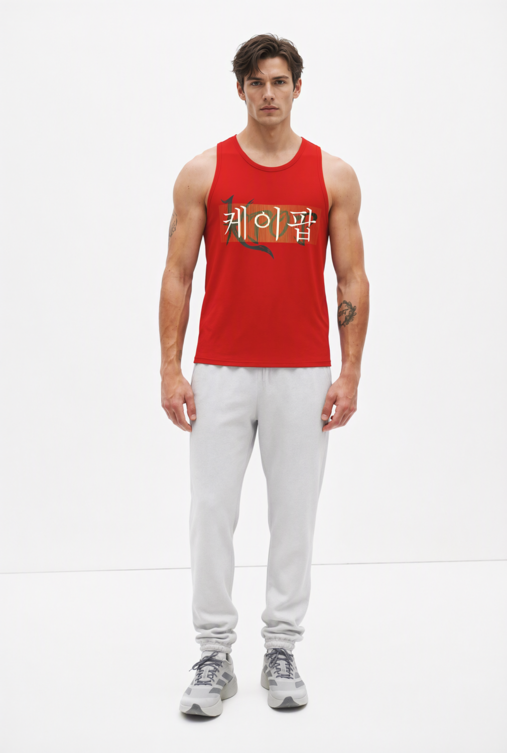 BC11615 front view — men's red typography sleeveless top in red