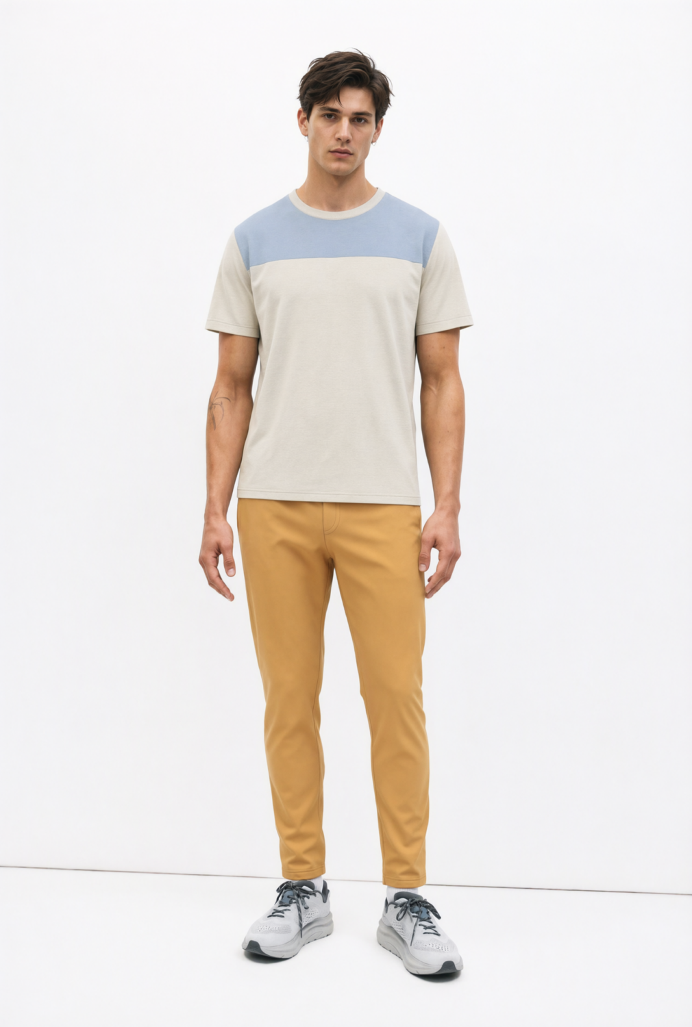 BC11617 front view — men's blue-yoke colorblock t-shirt in ivory / pale blue