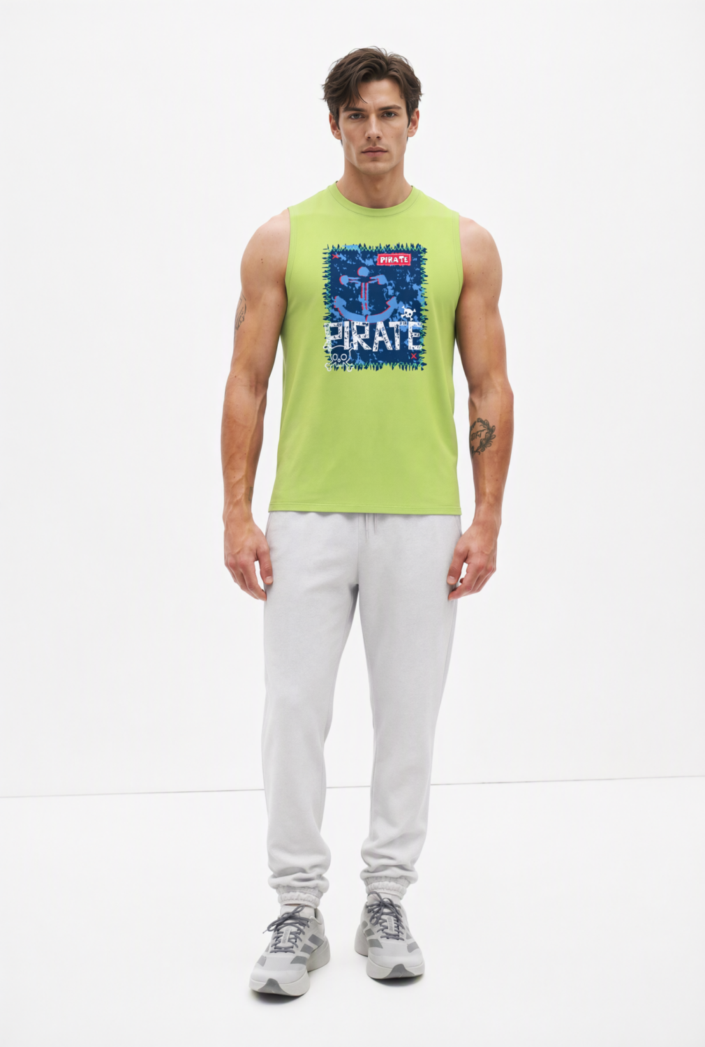 BC11842 front view — men's pirate graphic sleeveless top in lime