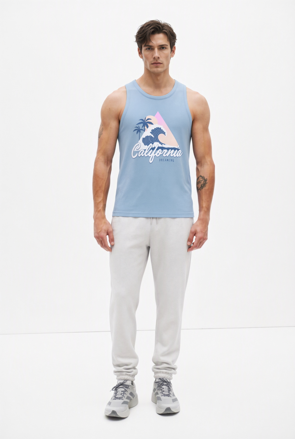 BC11976 front view — men's california graphic tank top in light blue