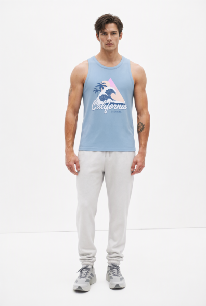 Bc11976 front view — men's california graphic tank top in light blue